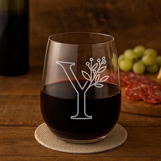 On The Rox Drinks Monogrammed Gifts For Women and Men - Letter A-Z Initial Engraved Monogram Stemless Wine Glass - 17 Oz Personalized Wine Gifts For Women and Men (Y)
