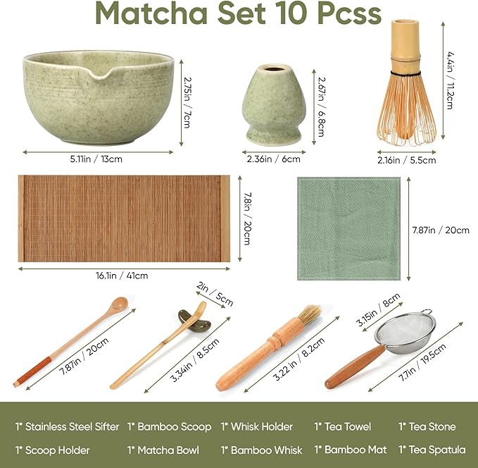 Matcha Whisk Set 10pcs – Traditional Japanese Matcha Kit with Bamboo Whisk, Ceramic Matcha Bowl with Pouring Spout, atcha Kit for Ceremony, Making Tools for Tea Ceremony (Matcha Green)