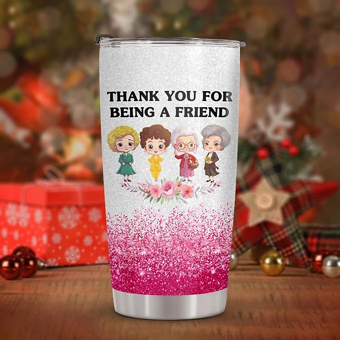34HD Golden Tumbler 20oz – Thank You for Being a Friend – Double Wall Vacuum Insulated Stainless Steel Cup – Keeps Drinks Hot or Cold – Glitter Travel Mug Gift for Women & Friends