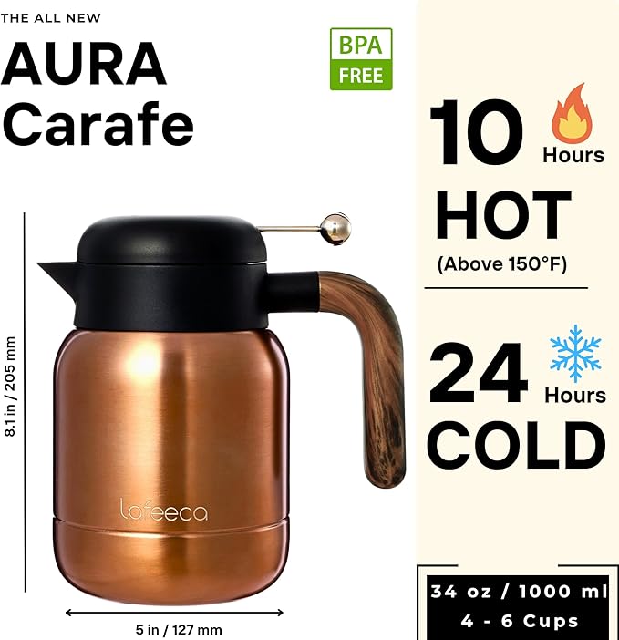 Aura Thermal Coffee Carafe Tea Pot for Keeping Hot & Iced Cold - Vacuum Insulated - Thermos Water Pitcher - Beverage Dispenser - Cool Touch Handle & Lid - BPA Free - 1 Liter - Copper