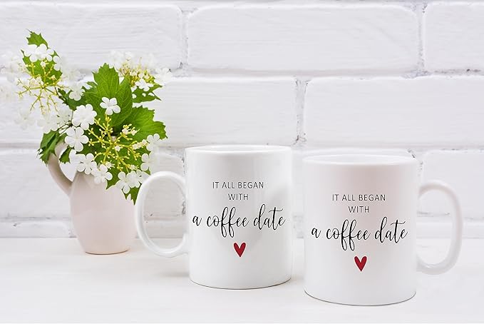 QASHWEY Valentines Day Coffee Mug, Girlfriend Gifts, Couple Gifts, Romantic Gifts for Her Him, Fiance Gifts for Her, Wedding Gifts Coffee Cups Ceramic 11oz, It All Began With a Coffee Date Tea Cup
