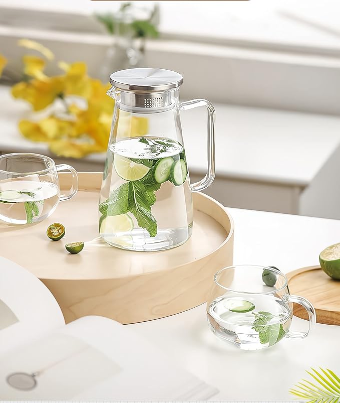 Borosilicate Glass Pitcher with Lid, 1.8L / 60 oz Heat Resistant Glass Water Carafe with Handle for Fridge, Large Iced Tea Pitcher, Juice Jug for Milk, Hot and Cold Beverage