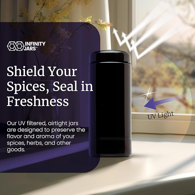 Infinity Jars, 1 L (34 fl oz) Premium Airtight Ultraviolet Glass Jar Smell Proof, Antistatic, Light Blocking Container for Herbs, Coffee, Tea & Spices Durable, Travel-Friendly Storage