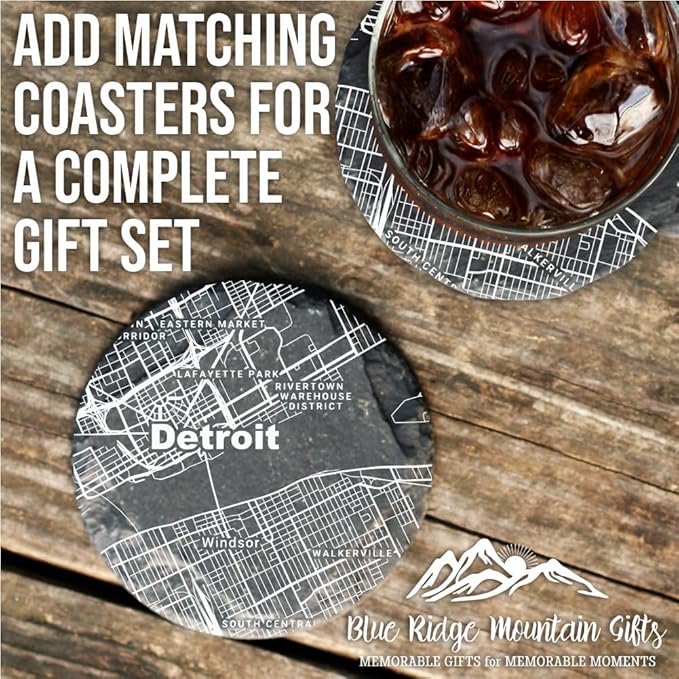 Blue Ridge Mountain Gifts - Detroit Souvenir - Michigan Glassware Gift, Etched City Map, Laser Engraved and Dishwasher Safe