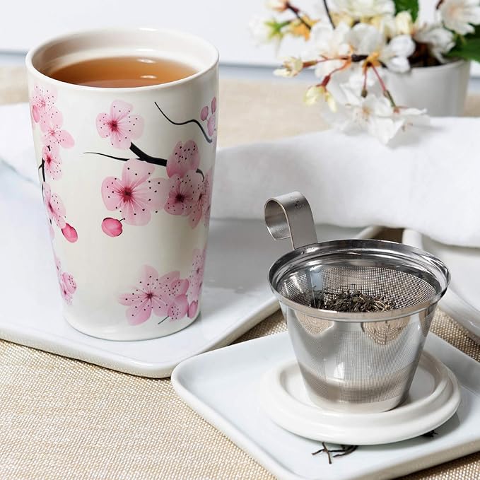 Tea Forte Double-Walled Ceramic Kati Cup, Removable Stainless Steel Infuser Basket and Lid, Steeps 12 oz Loose Leaf Tea, Dishwasher & Microwave Safe, Hanami