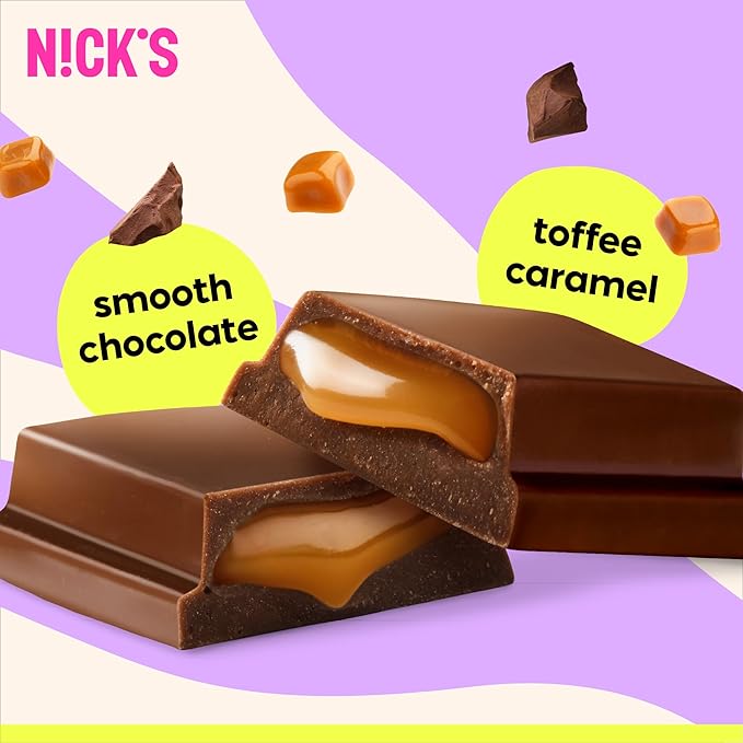 NICKS Soft Toffee Chocolate Bar with Caramel Without Added Sugar,110 Calories, 3.5 Net Carbs, Gluten Free, Low Carb Candy (15x28g)