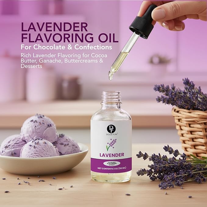 Dolce Flav Natural Lavender Extract – 2 Ounce Oil-Soluble Kosher, Sugar-Free, Concentrated Floral Lavender Flavoring for Baking, Chocolates & Desserts, Includes Measured Dropper