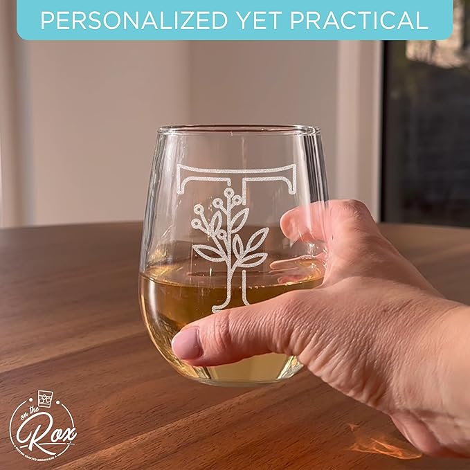 On The Rox Drinks Monogrammed Gifts For Women and Men - Letter A-Z Initial Engraved Monogram Stemless Wine Glass - 17 Oz Personalized Wine Gifts For Women and Men (T)