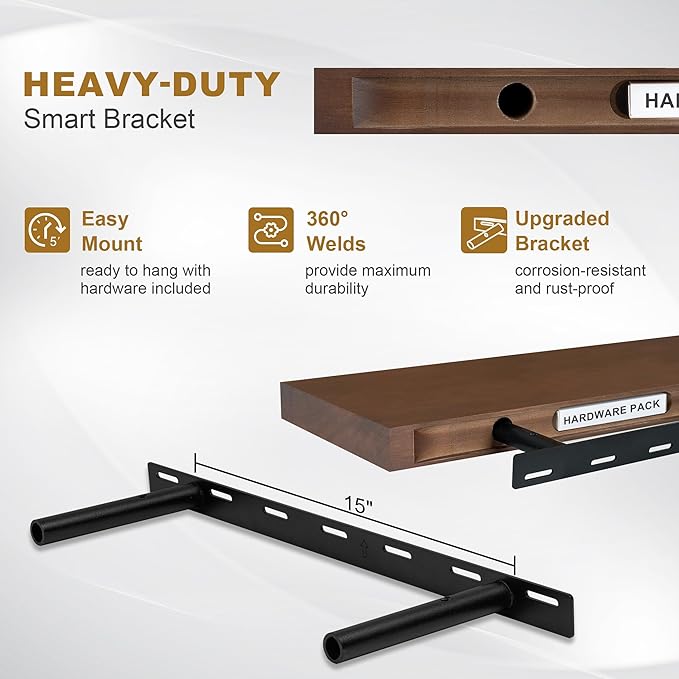 Fun Memories Floating Shelves, 9.3'' Deep Solid Pine Wood Wall Shelves for Storage, Wall Mounted Display Shelf with Invisible Heavy-Duty Metal Bracket, 24'' Width Set of 2, Walnut