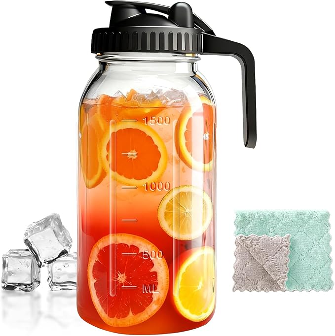 Glass Pitcher Carafes with Lid and Handle, 64oz Water Pitcher Mason Jar, Leakproof Fridge Glass Jug, Large Water Carafe for Coffee, Lemonade, Iced Tea, Beverage, Juice