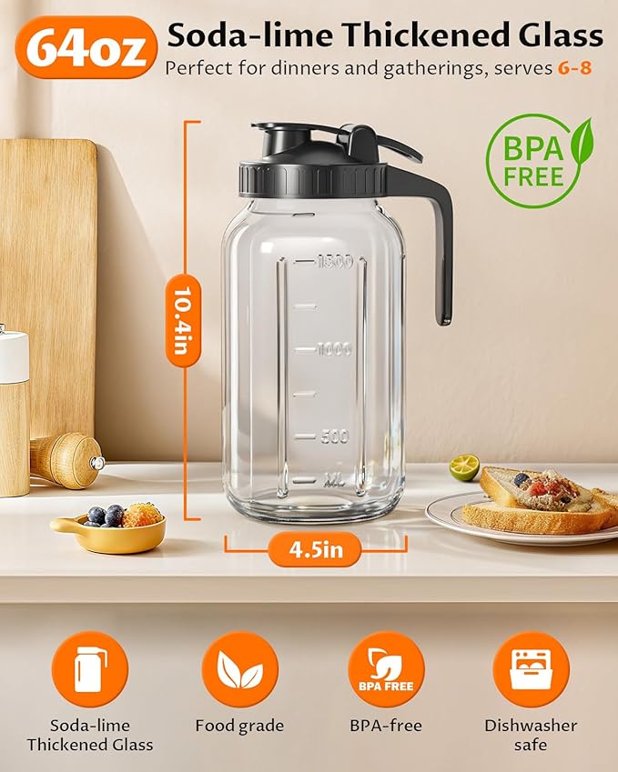 64 oz Mason Jar Pitcher, 2 Quart Glass Water Pitcher with Lid, Airtight Seal for Great for Iced Tea, Juice, Milk, Coffee, Sun Tea, Lemonade, Set of 1(Black)
