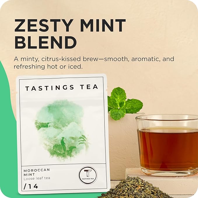 Tastings Tea Moroccan Mint Loose Leaf, 2 oz | Chinese Green Tea & Peppermint Blend | Light Caffeine | Crisp & Refreshing for Natural Digestion | Small Batch & Sustainably Sourced | Resealable Pouch