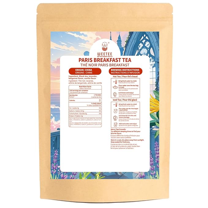 WT WEETEE Paris Breakfast Black Tea,100 Count Paris Black Tea Bags, Bergamot and Vanilla Flavored Black tea with Lavender