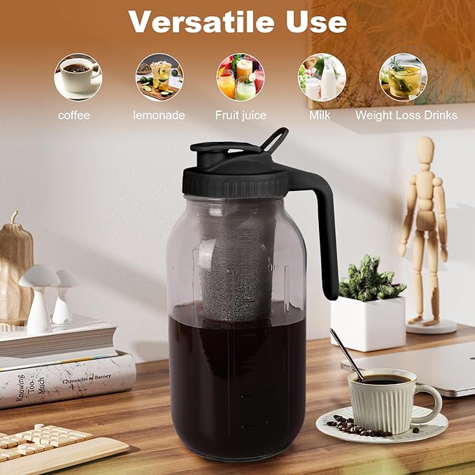 Cold Brew Coffee Maker,64 oz Mason Jar Pitcher with Stainless Steel Filter, Pour Spout Handle Lid, Heavy Duty Glass Airtight & Leak-Proof for Iced Coffee,Tea & Lemonade