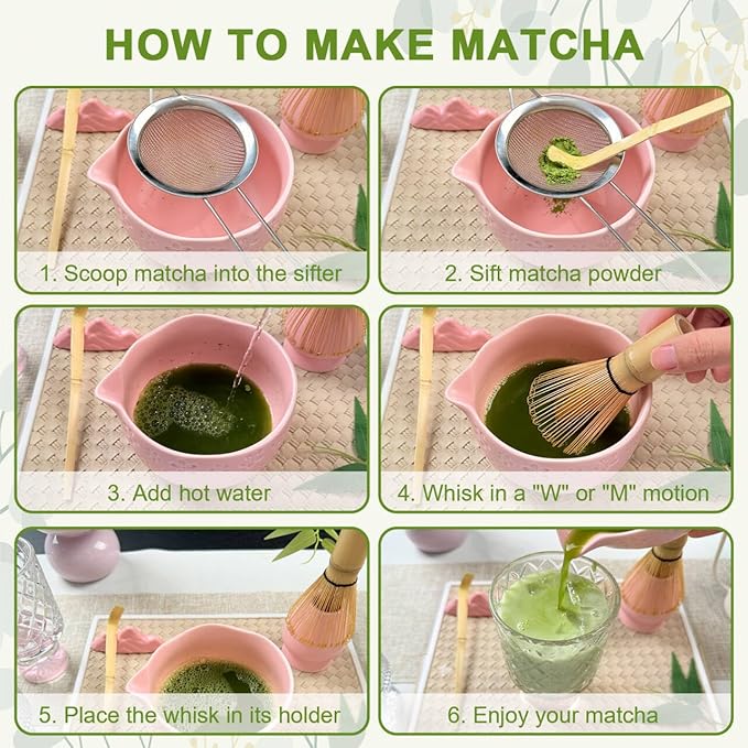 Matcha Whisk Set––7pcs Japanese Matcha Set Kit with Matcha Bowl, Bamboo Whisk, Whisk Holder, Scoop, Towel&Sifter–Perfect for Matcha Lovers&Tea Ceremonies-Cherry Blossom Pink