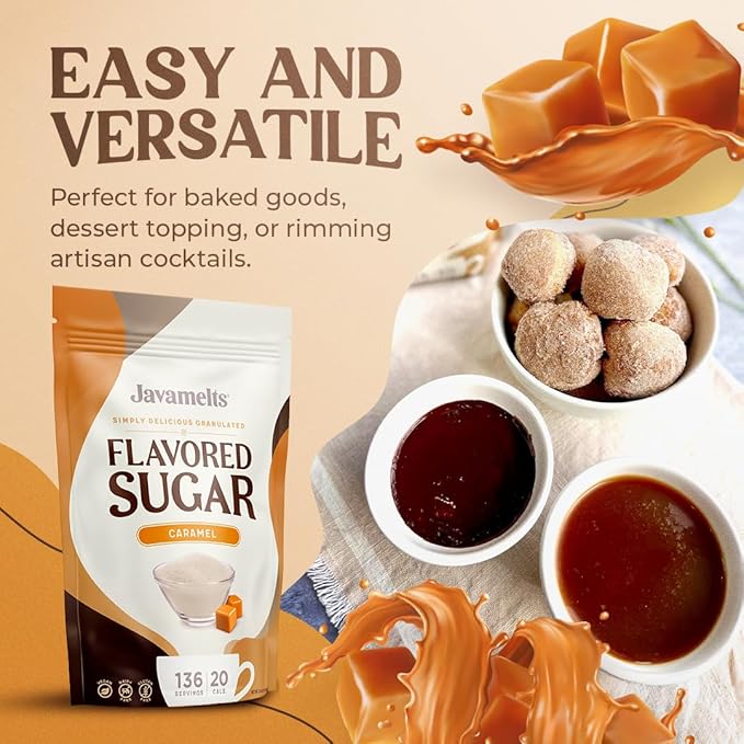 Javamelts Caramel Flavored Sugar | Pure Cane Sugar for Baking, Coffee Syrup Substitute, Cocktails, Tea | Non GMO, Non Dairy, Gluten Free, Kosher | 1.5 Pound Bag (136 Servings)