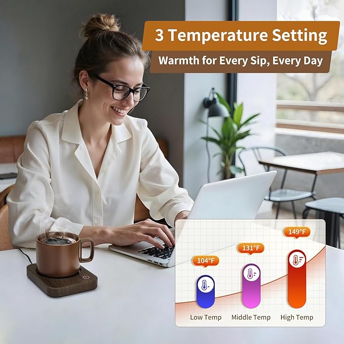VOBAGA Coffee Mug Warmer for Desk with Auto Shut Off & 3-Temp Settings, Coffee Cup Warmer with Smart Safety Alert Home Office Accessory, Perfect for Coffee, Tea, Milk (Wood)