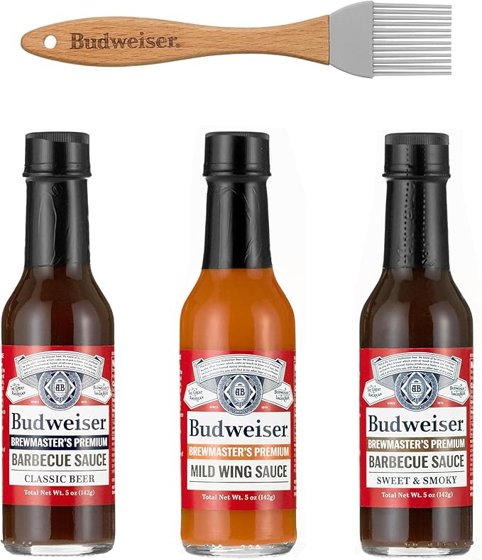 Budweiser BBQ Sauce Variety Pack - Grilling Sauce Gift Set with Basting Brush Perfect for Barbeques and Marinades - 3 x 6 oz