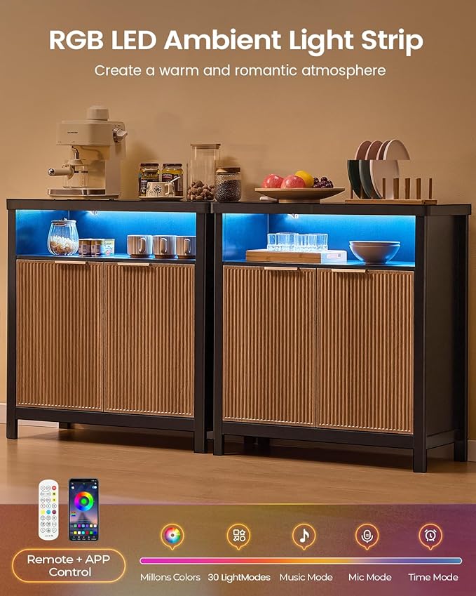 AOGLLATI Sideboard Buffet Storage Cabinet,Buffet Table with Storage & Led Lights, Coffee Bar Cabinet for Kitchen Entryway Living Room, Wood & Black