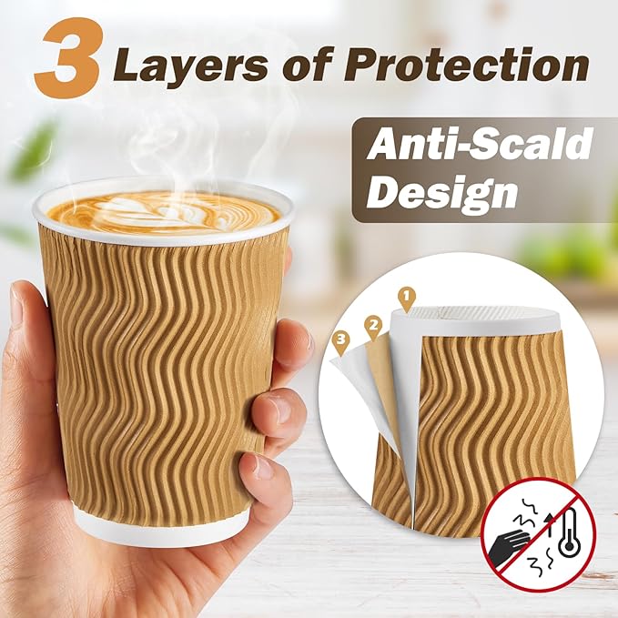 SIUQ 12 oz Coffee Cups-90 Pack Disposable Coffee Cups with Lids and Straws, Insulated Ripple Wall To Go Paper Coffee Cup for Coffee, Hot Chocolate and Hot Tea Drinks - Champagne