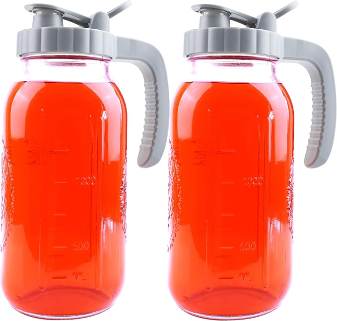 64 Oz Mason Jar Pitcher With Lid 2 Set Wide Mouth Half Gallon Glass Pitchers 2 Quart Cold Boiling Water Jug For Coffee,Lemonade, Iced Tea,Homemade Drinks,Milk,Juice Storage Container For Refrigerator