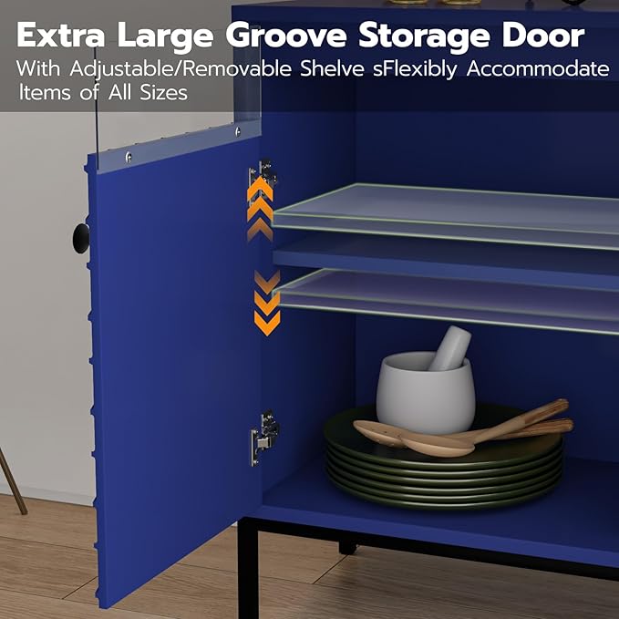 Sideboard Buffet Cabinet 47'' with Storage and Power Outlet, Modern Coffee Bar Accent Cabinet with 4 Doors and Adjustable Shelves, Console Table for Dining Room, Living Room, Kitchen, Navy Blue