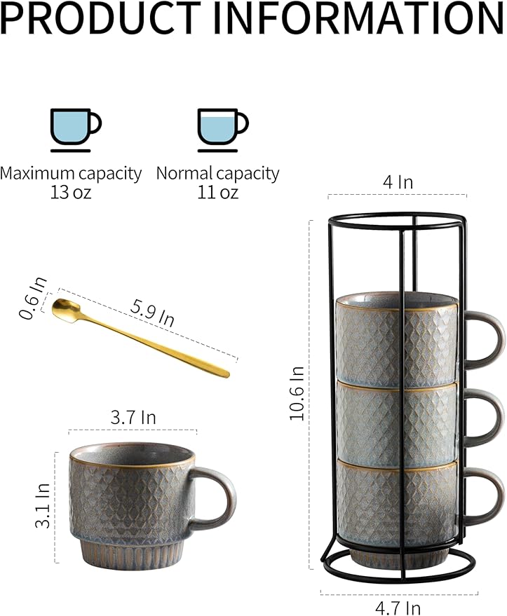 Gomakren Coffee Mugs Set of 4, 13 Ounce Stackable Coffee Mugs with Stand, Christmas Ceramic Coffee Cups with Spoon for Coffee, Espresso, Cappuccino, Latte, Cocoa, Tea and Milk, Light Gray