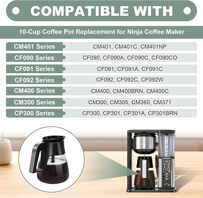 10-Cup Coffee Pot Replacement for Ninja Coffee Maker CM401 CM371 CP301, Glass Carafe with Brew-Through Lid Compatible with Ninja CM300 CM400 CP300 CM400BRN CF090 CF091 CF092 CM305 CM360