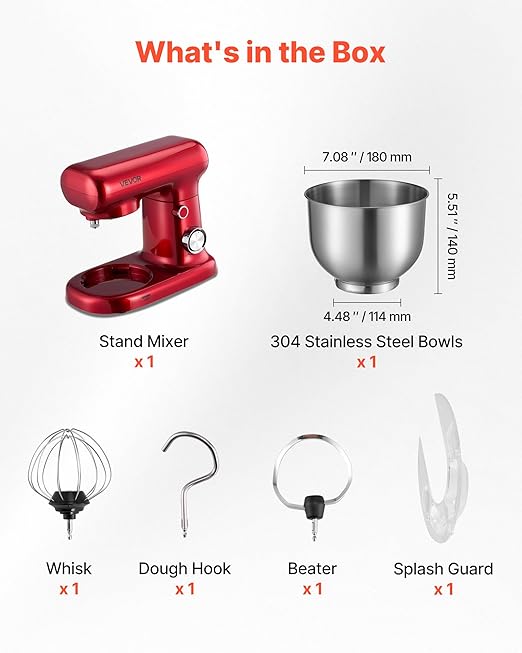 VEVOR Stand Mixer, 3 QT Electric Kitchen Mixer, 300W Dough-Mixer, 10 Speeds Tilt-head Food-Mixer with Stainless Steel Bowl, Dough Hook, Whisk, Beater, for Baking, Mixing, Whipping & Kneading, Red