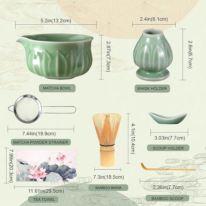 ZentButCool Matcha Set Includes Ceramic Matcha Bowl, Bamboo Whisk (Chasen), Scoop, Stainless Steel Matcha Sifter, And Whisk Holder (Nature)
