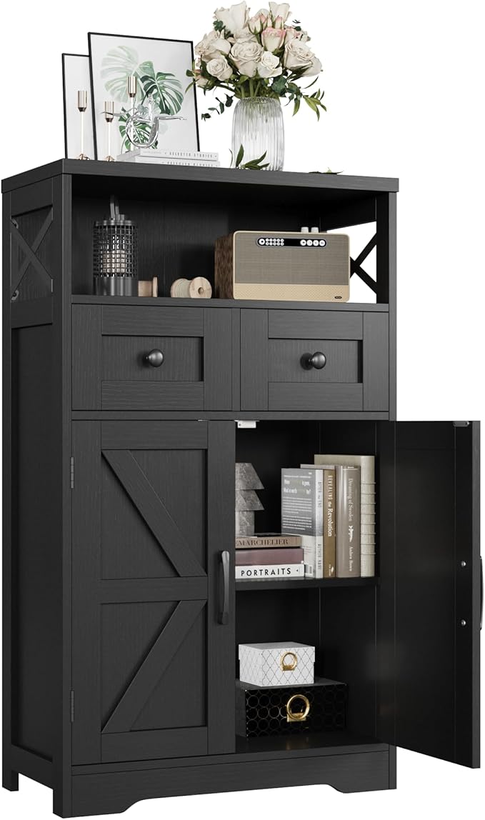 Black Storage Cabinet with Drawers and Shelves, Freestanding Black Kitchen Pantry, Floor Storage Cabinet Hutch Cupboard for Dining, Living Room, Home Office