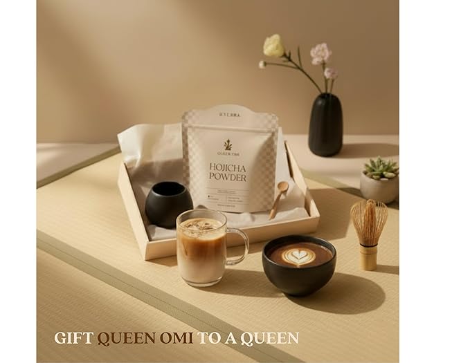 Queen Omi Organic Hojicha Powder | 80g | 100% Organic Japanese Roasted Green Tea Powder—Matcha & Coffee Alternative | Low Caffeine, Antioxidant-Rich, Smooth, Toasty, Nutty Flavor (Dark Roast)