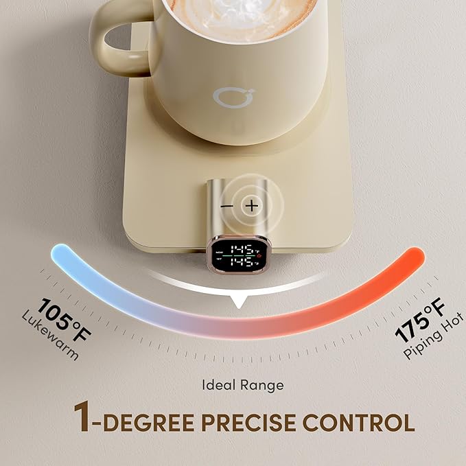 Coffee Mug Warmer Set, ±1°F Precision Temperature Control Smart Heated Mug for Desk, Electric Coffee Warmer with Auto Shut Off & Real-Time Temp Display, Gifts for Men Women, 15oz Ceramic Mug, Beige