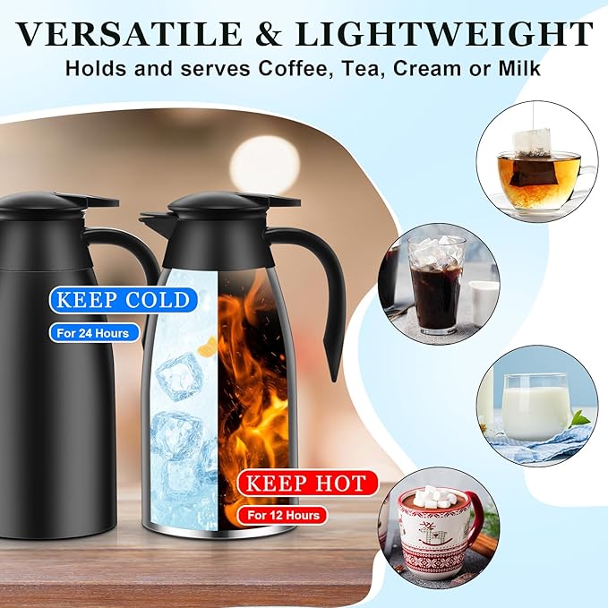 2 Pcs 51 oz Thermal Coffee Carafe for Keeping Hot Insulated Stainless Steel Vacuum Thermal Pot Flask Double Walled Vacuum Coffee Carafe for Beverage Water Tea, 12 Hot 24 Hours Cold(Silver, Black)