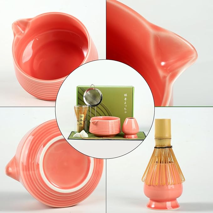 Matcha Whisk Set, Ceramic Matcha Bowl with Spout, Bamboo Whisk, Scoop, Sifter, Holder, Tea Towel, 7-Piece Matcha Kit for Making Breakfast/Latte, Square Pink, Large