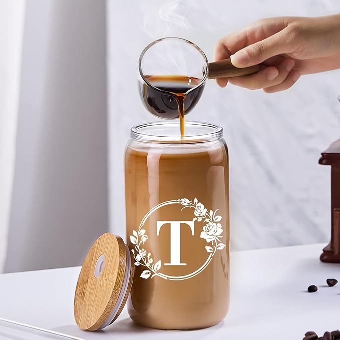 Birthday Gifts for Women, Monogrammed Initial Glass Cup Personalized Gifts for Women, 16oz Glass Cups with Lids and Straws, Iced Coffee Cup, Beer Can Shaped Glass - Gifts for Christmas, Birthday, T