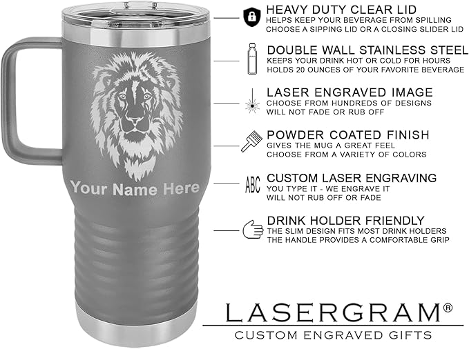 20oz Vacuum Insulated Travel Mug with Handle, Sushi, Personalized Engraving Included (Gray)