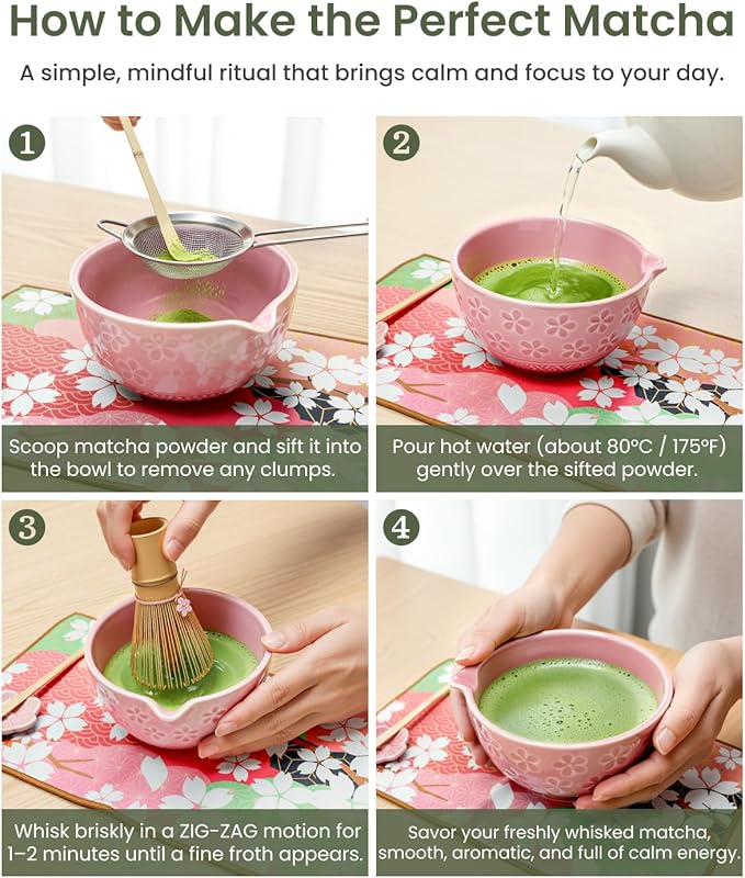 Matcha Whisk Sets 7 Pcs Includes Ceramic Bowl, Bamboo Whisk, Scoop, Sifter, Whisk Holder, Scoop Rest & Tea Towel | Japanese Matcha Ceremony Gift Set for Matcha Lovers (Pink)