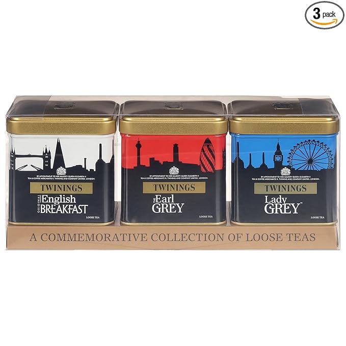 Twinings London Skyline Red, White, & Blue Commemorative Collection of Loose Leaf Teas, Limited Edition Gift Set, 100g Tins (Pack of 3), Original English Breakfast, The Earl Grey, & Lady Grey Tins