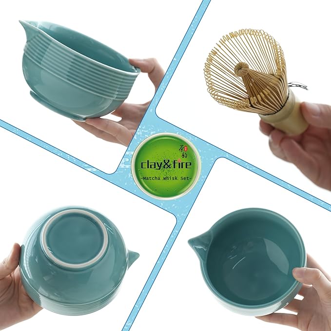 Clay&Fire Matcha Whisk Set, Ceramic Matcha Set, Matcha Bowl with Spout and Whisk, 9 pcs Matcha Tea Kit for Matcha Lovers, Ideal Gift Christmas, Birthday (Blue)
