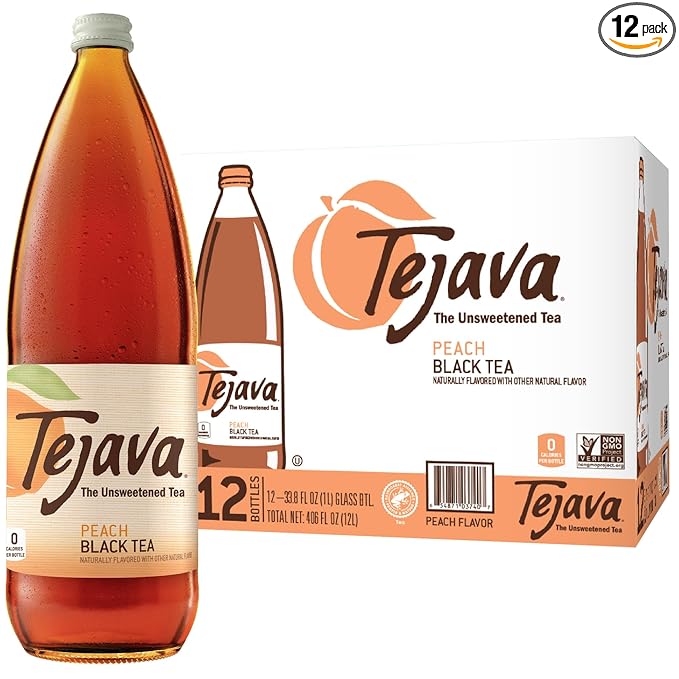 Tejava Original Unsweetened Peach Iced Tea, 12 Pack, 1 Liter Glass Bottles, Non-GMO, Kosher, No Sugar or Sweeteners, No calories, No Preservatives, Brewed in Small Batches