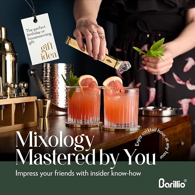 Barillio Gold Bartender Kit - Stainless-Steel Cocktail Shaker Set w/Bamboo Stand - Mixology Bar Tools w/Drink Shaker, Mixer Spoon and Muddler for Cocktails - Home Bar Accessories - 23-Pc Bar Set