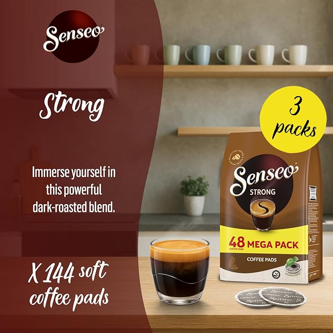 Senseo Strong Dark Roast Coffee Pods – 144 Count (3 Packs) – Bold & Intense Flavor with Rich Crema – Single-Serve Coffee Pads Compatible with Senseo & PeleCom Machines