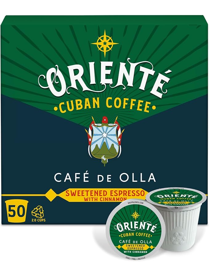 Oriente Sweetened Espresso with Cinnamon Coffee Pods, 50 ct, Dark Roast Flavored Cuban Inspired Coffee in Recyclable Single Serve Pods - 100% Arabica Beans, Compatible with Keurig K Cups Maker