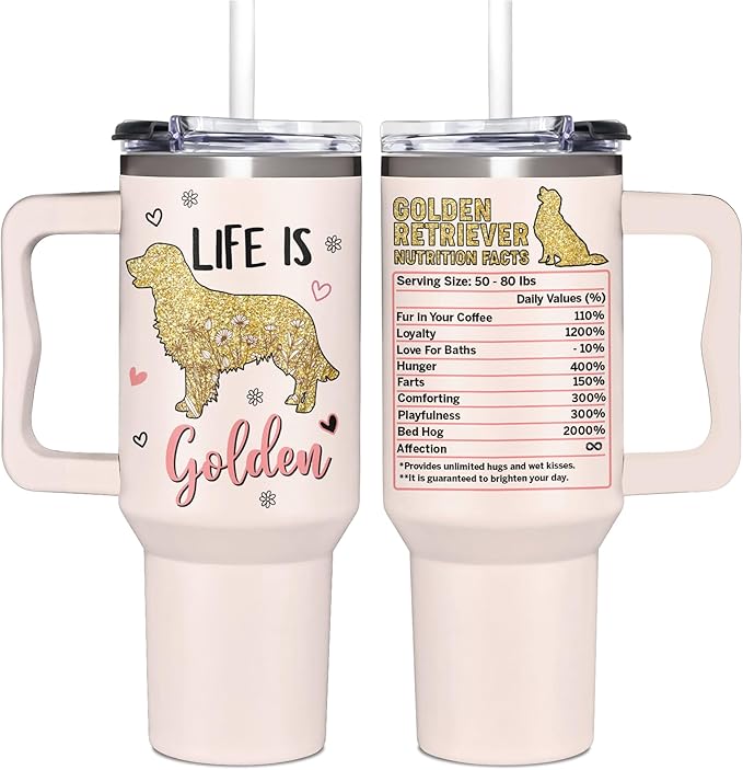Golden Retriever Gifts for Women - Birthday, Christmas, Mothers Day Gifts for Dog Lovers - Golden Retriever Puppy Essentials for Mom - 40oz Tumbler with Handle and Straw