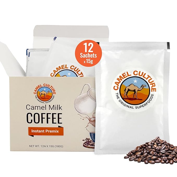 Camel Milk Instant Powdered Coffee Premix - 12 Single Serve Coffee Sachets – Nutrient-Rich Blend & Immune-Boosting Instant Coffee Powder – On-the-Go Convenience & Premium Healthy Beverage