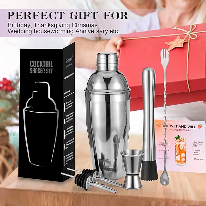 Cocktail Shaker Set, 6-Piece Mixology Bartender Kit Premium Shakers Bartending: Martini Shaker Jigger Mixing Spoon Muddler 2 Pourers Bar Tools Set with Built-in Bartender Strainer for Drink Shaker