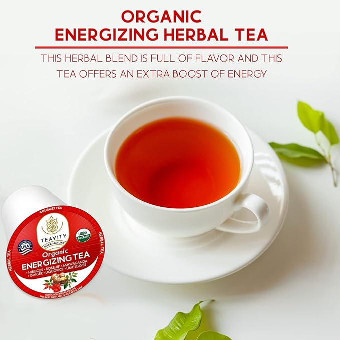 Organic Ashwagandha Tea Pods for Keurig with Ginger, Licorice, Organic Hibiscus Sabdariffa, Rosehip, & Lime - Decaf Herbal Tea - Energizing Tea by Teavity (24 Tea Pods)