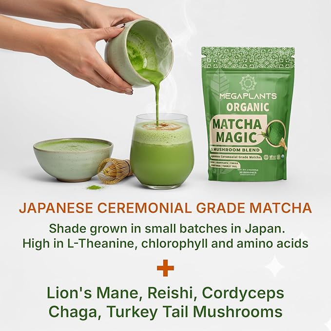 Mushrooms Matcha Magic - USDA Organic Ceremonial Grade Japanese Matcha (30 Serving)- with Reishi, Lion’s Mane, Chaga, Cordyceps & Turkey Tail – Superfood for Focus & Energy.