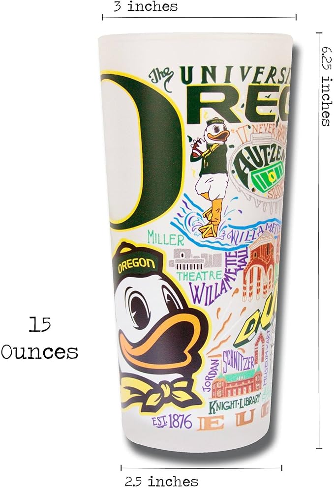 Catstudio Drinking Glass, University of Oregon Glass Cup for Kitchen, 15oz Dishwasher Safe Tumbler for UO Alumni